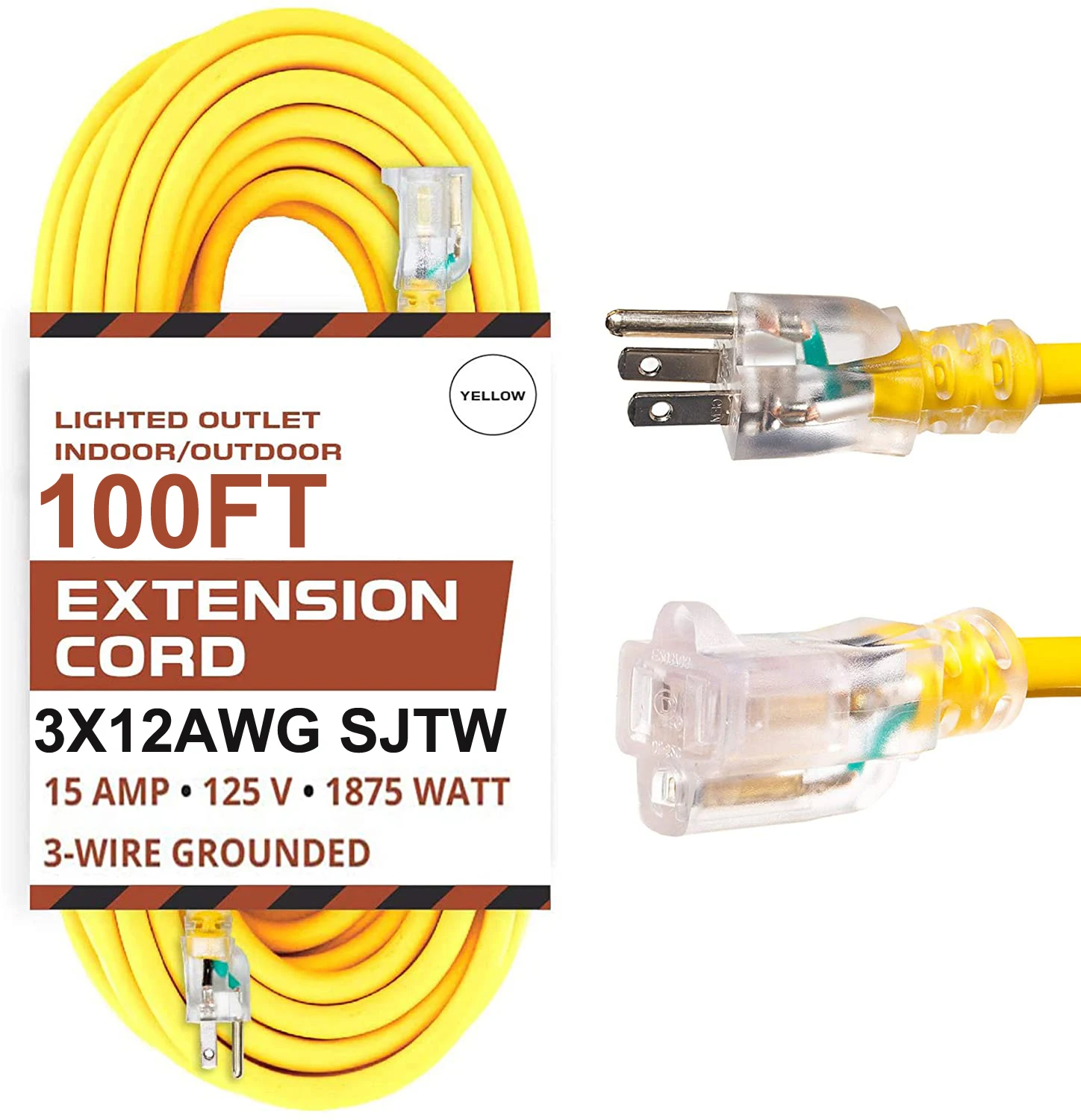 Huanchain Nema 515p To 515r 100ft Yellow Extension Cord 12/3 Lighted