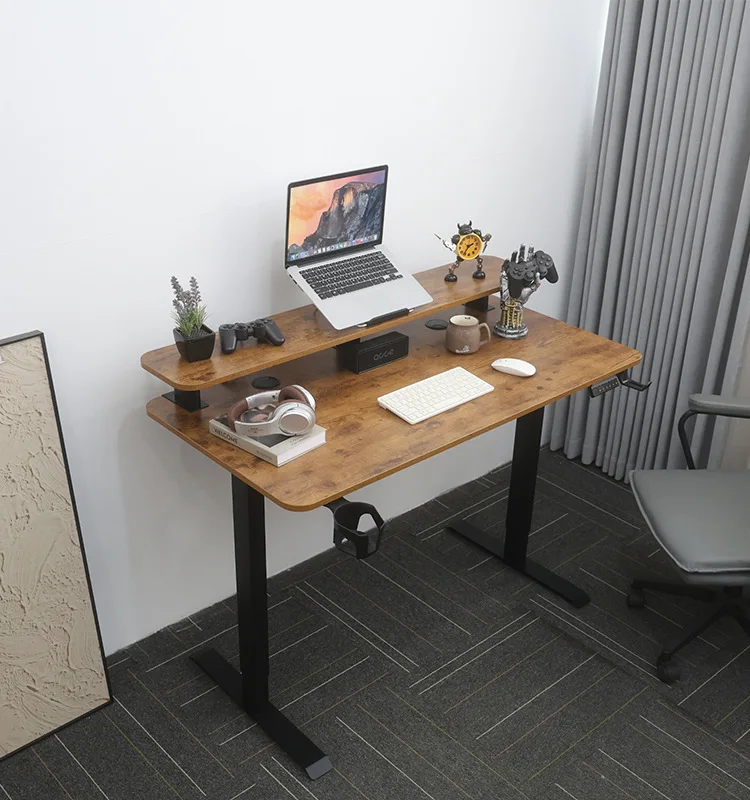 product modern double layer electric lift computer desk adjustable home office study  gaming workbench with iron metal panel wood style-10