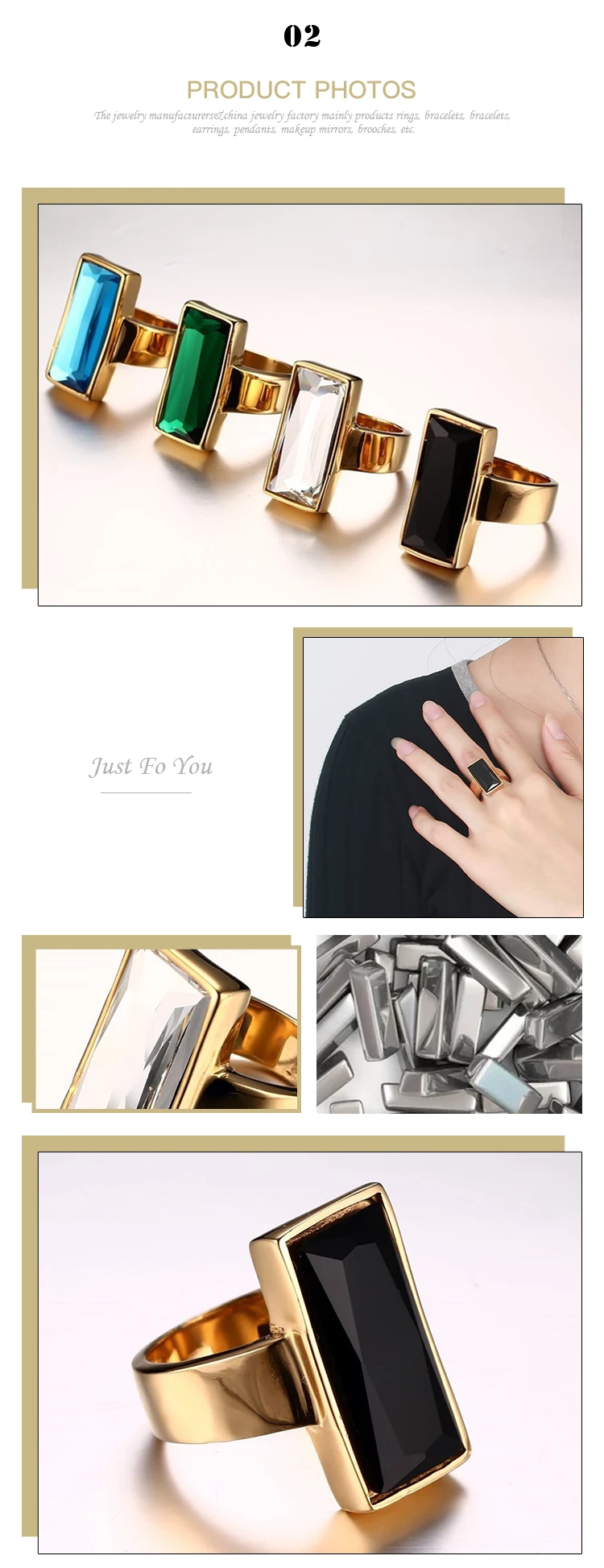 Hot Selling Fashion all-match stainless steel square glass ladies gold ring RC-226