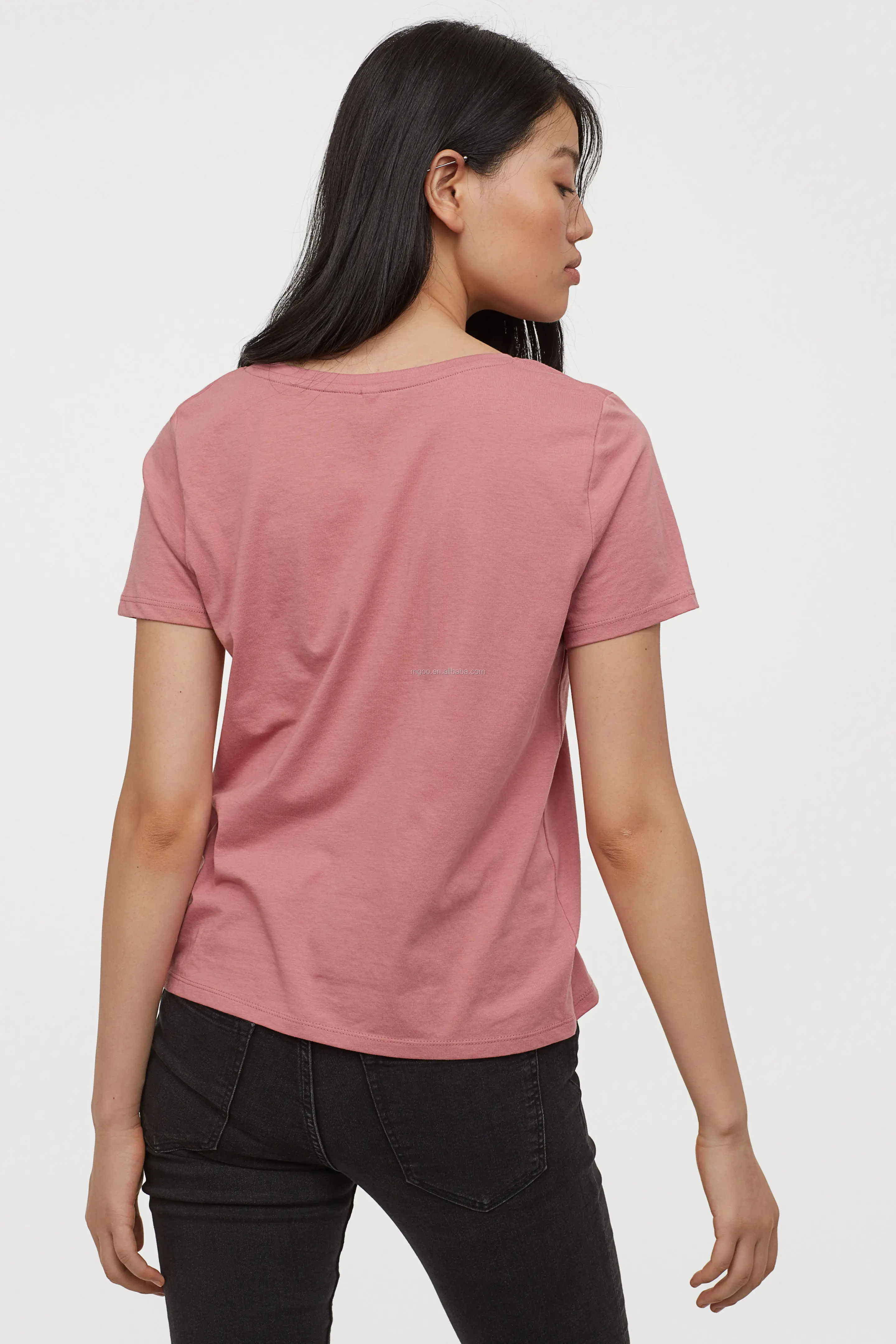 mgoo 便宜 v领基本平原粉红色 t恤为妇女短袖竹棉 t恤