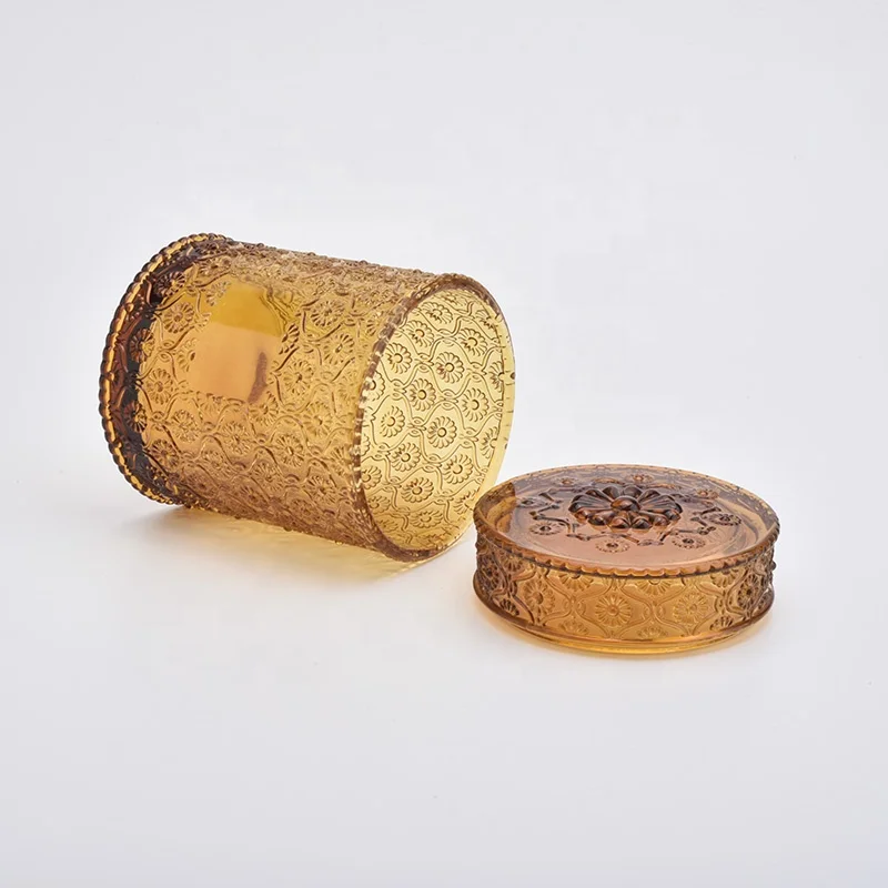 Brown customized Glass Candle Holder with lid for home decoration