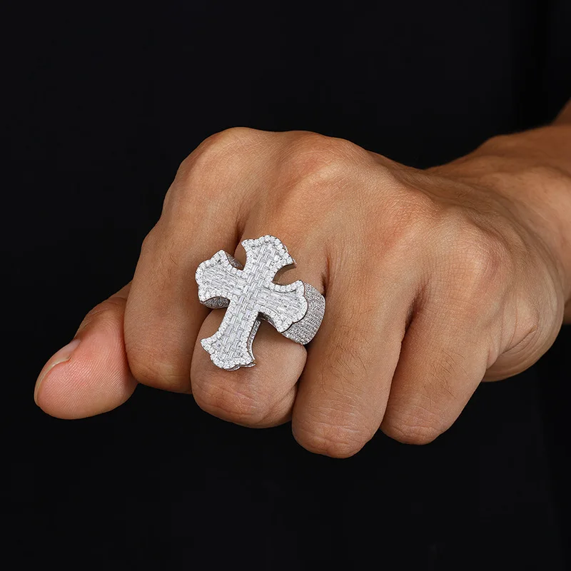 S925 Silver Moissanite Cross-Shape Ring for Men Super Flash T Square Diamond Cross-Border Hip Hop Style Ready to Wear