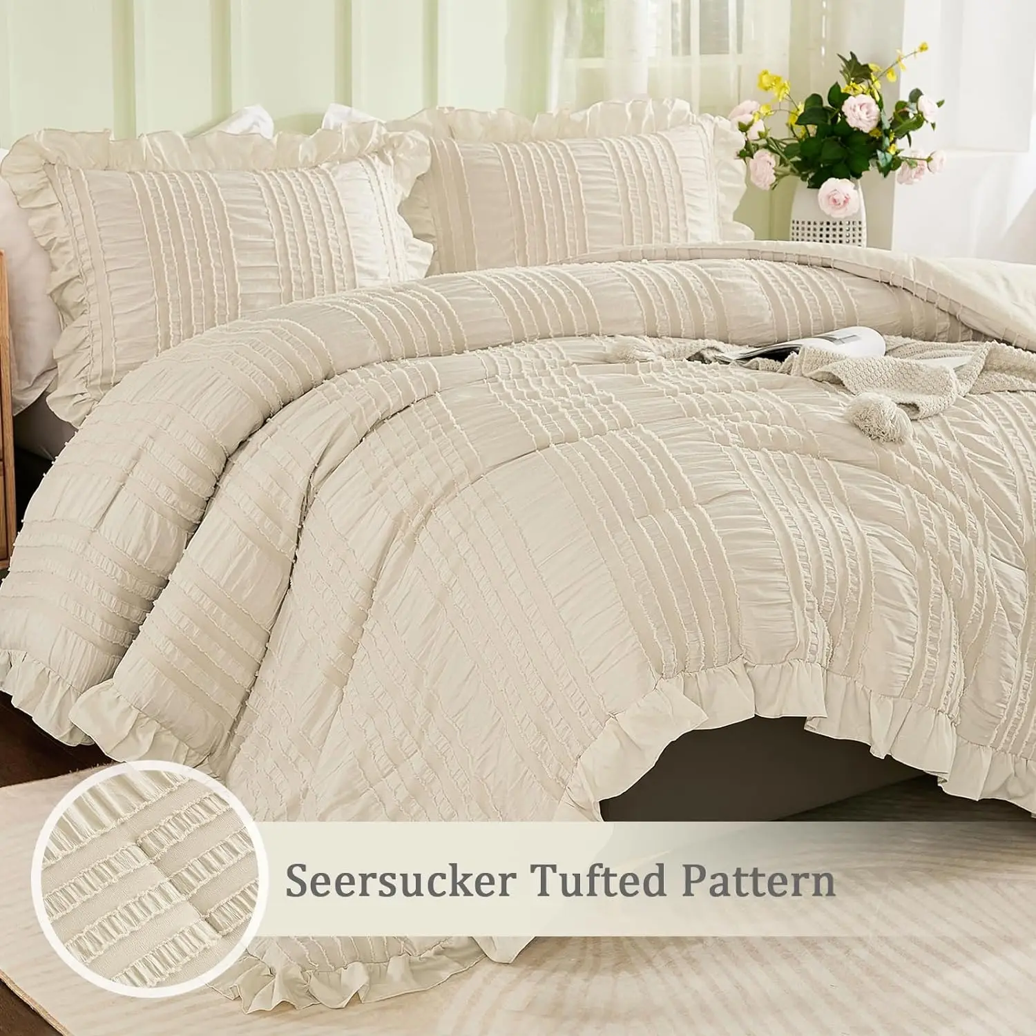 Beige Seersucker Comforter Set 3 Pieces Ruffle Farmhouse Shabby Chic Custom Comforter Soft Microfiber Bedding Set manufacture