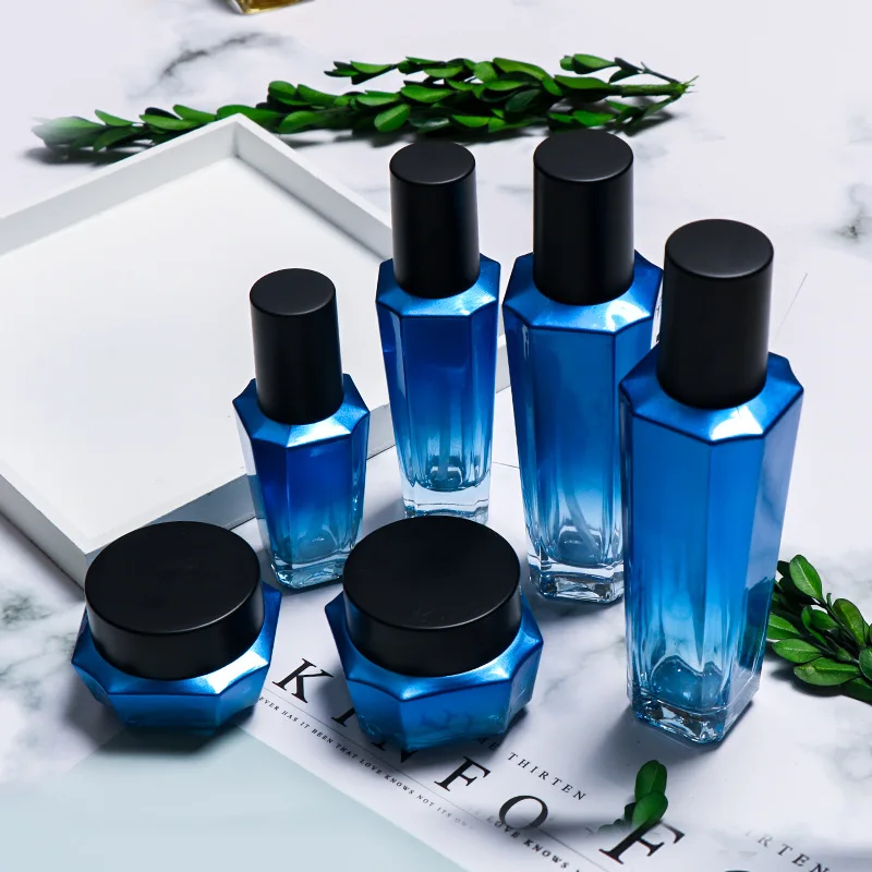 批发时尚简约化妆品瓶带盖蓝色渐变玻璃瓶套六件