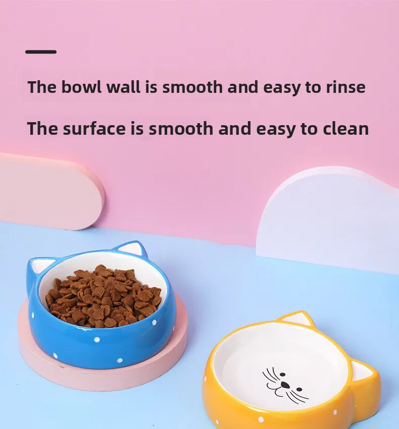 KM Ceramic Eco-Friendly Solid Pet Bowl Flat-Mouth Feeding Dish Neck Protection Slanted-Mouth Puppy Dog Bowl Indoor Use Cat