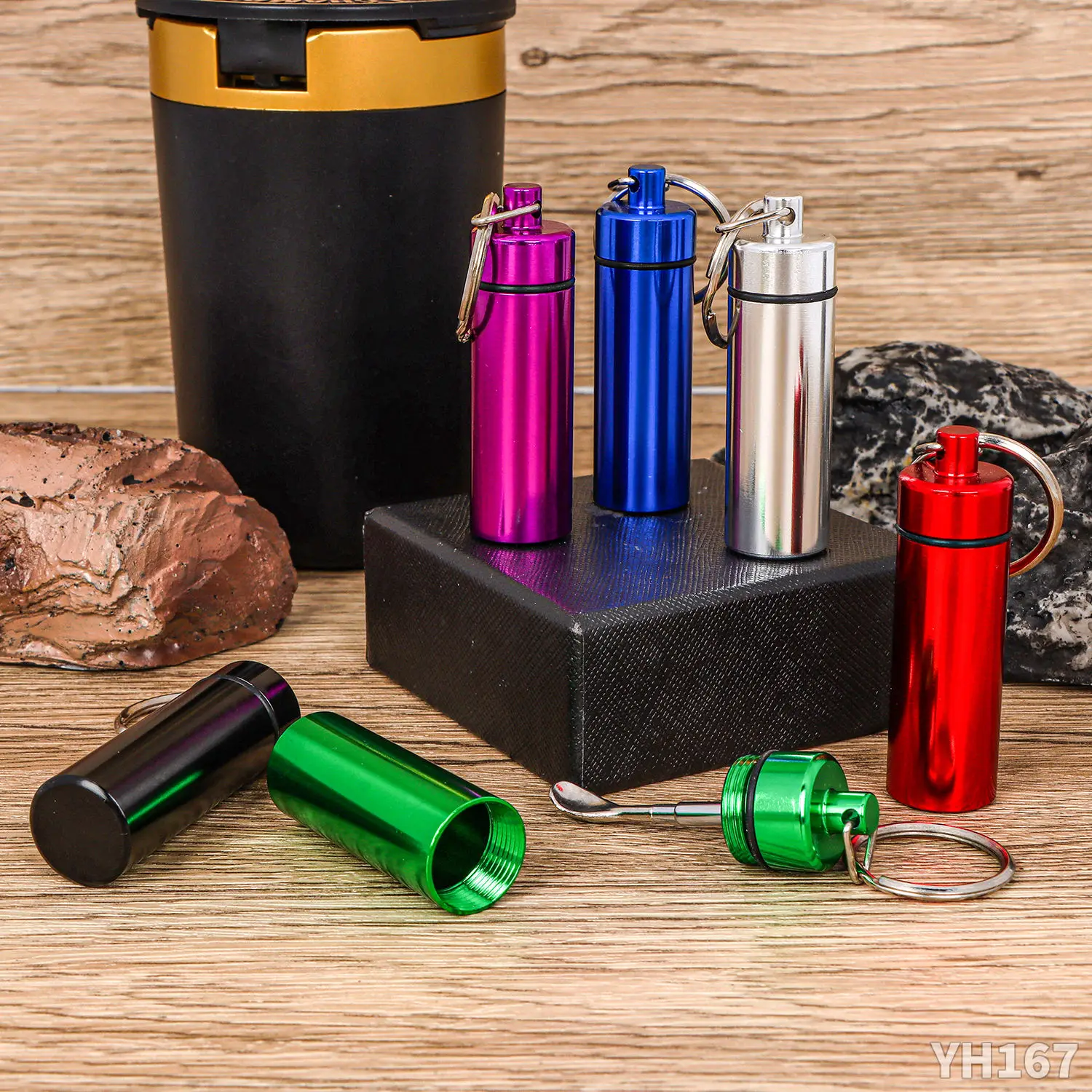 Key Chain Storage Container Portable Metal Key Chain Storage Bottle Pill Bottle Case With ...
