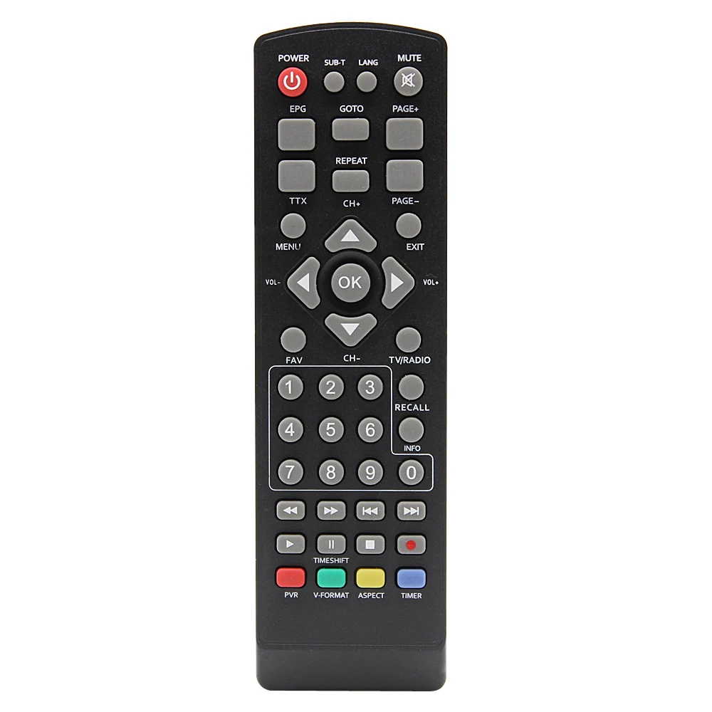 Universal remote control with DVB-T2 logo and learning button