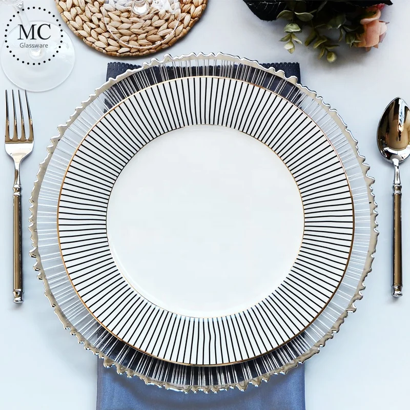 13" Charger Plate Premium Quality Gold Rimmed Tableware Clear Glass