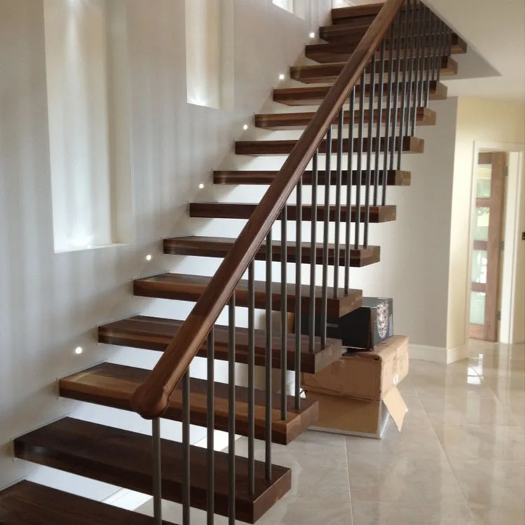 Prefab Modern Floating Wooden Staircase Frameless Railing Wood Straight Stairs