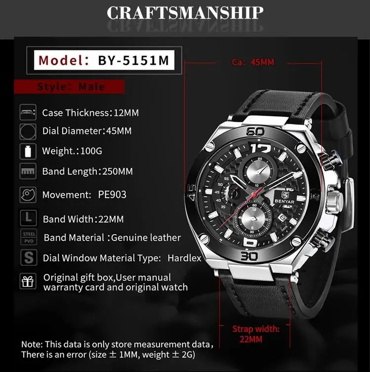 2020 Benyar 5151 3atm Water Resistant Multifunction Chronograph Black ...