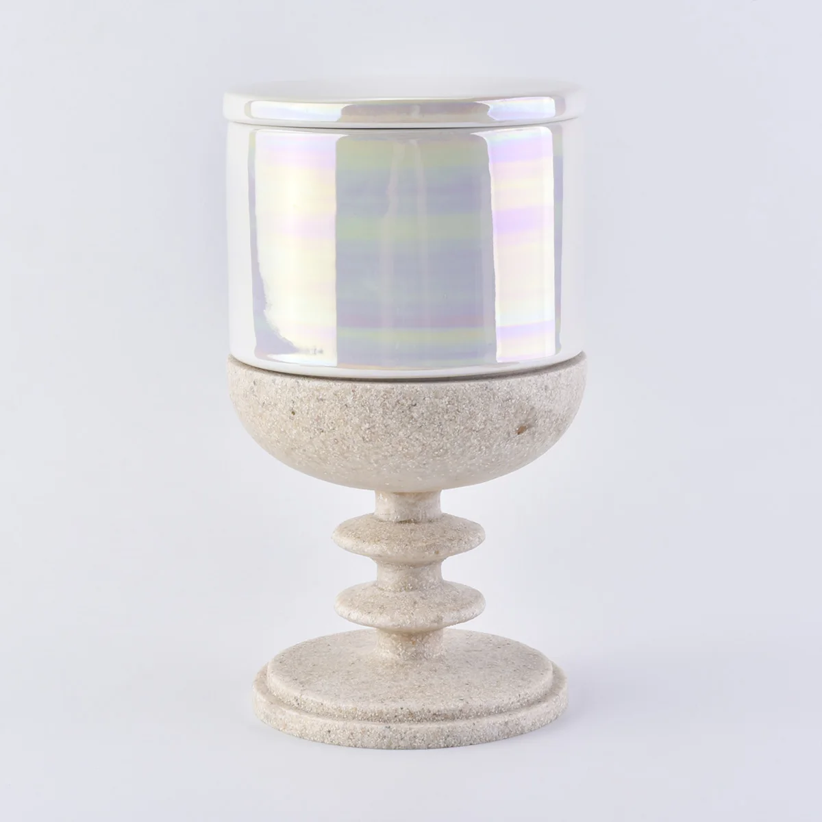 Iridescent Ceramic Candle Holder with Lid and Resin Base Home Decoration Pieces