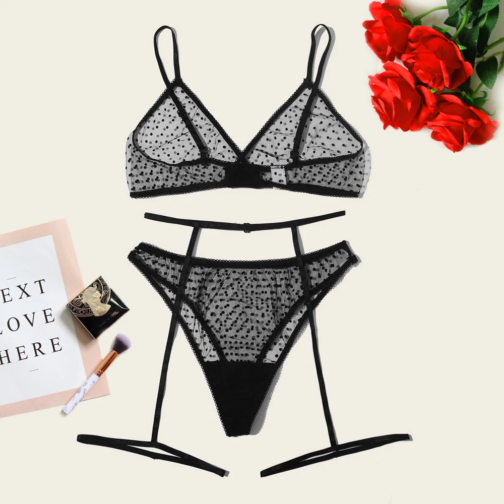Sexy Female Threepoint Sexy Lace Perspective Dot Suit Garter