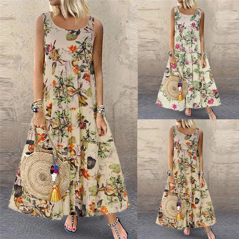 New Summer loose plus size vintage floral print sleeveless maxi dress for women