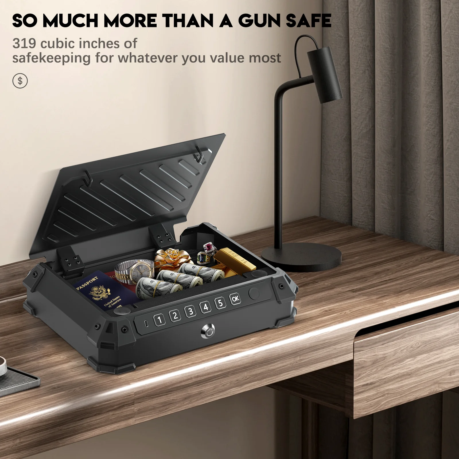 Biometric Fingerprint Safe Box For Gun,Money,Valuable Jewelry,Quick Access Safe With Key Pad
