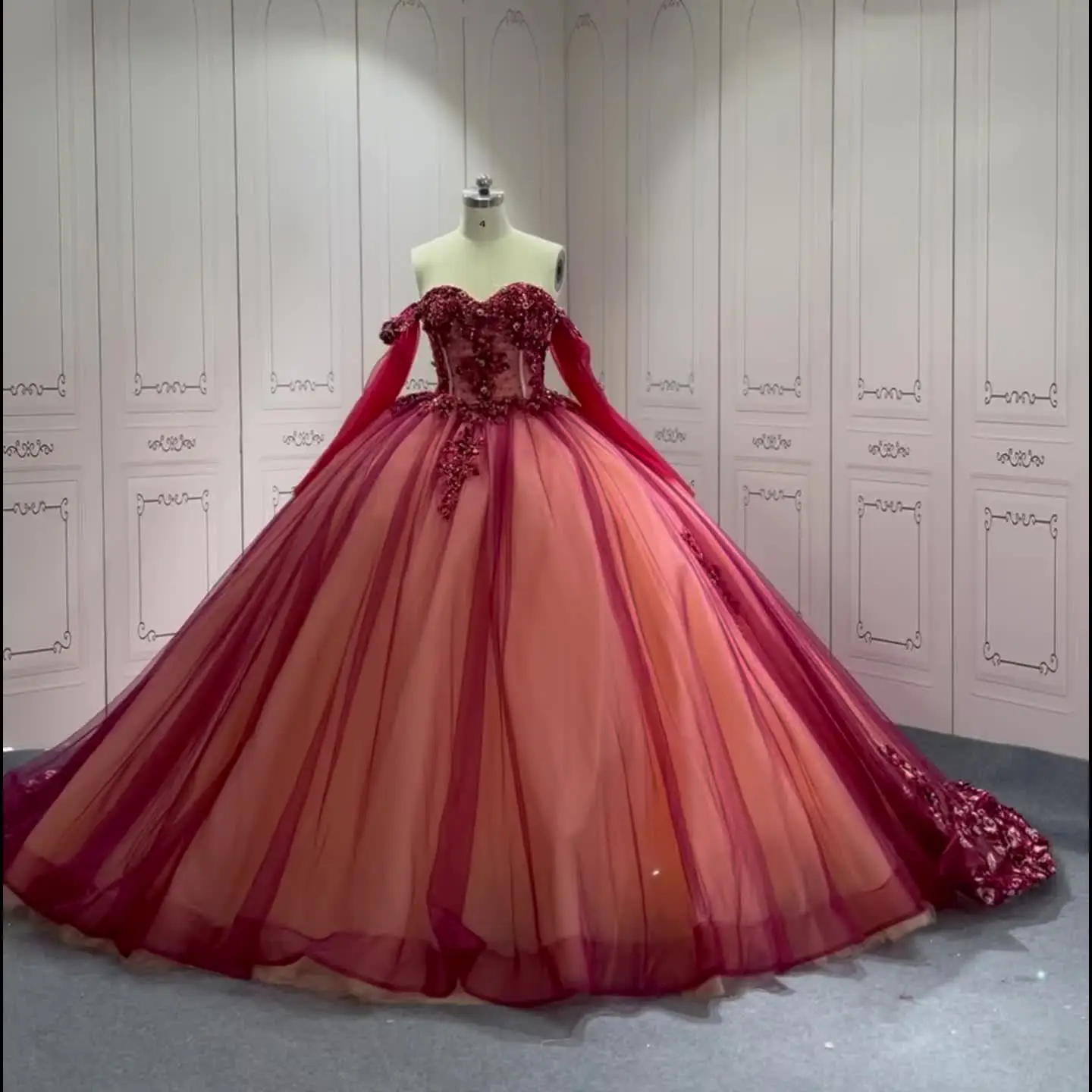 strapless open back dress Drop Waist Red Bead Top Tulle Ball Gown Quinceanera Dress