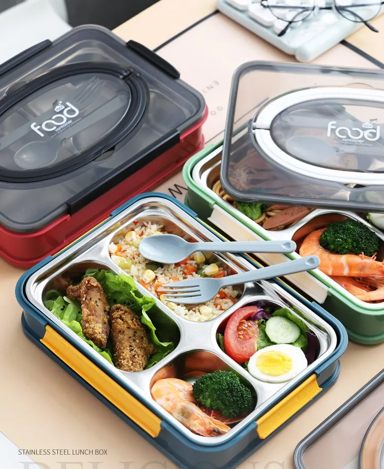 2020 New 304 Stainless Steel Lunch Box With Tableware Student Adult Split Grid Portable Multifunctional Bento Lunch Box