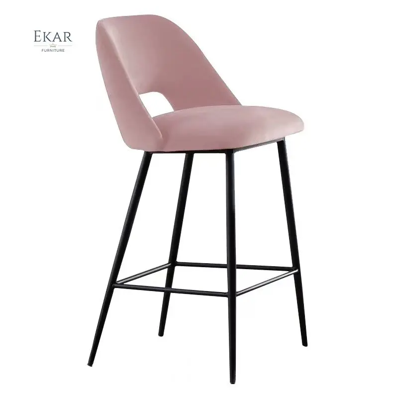 Ekar Furniture Nordic Pink Green Velvet Single Fabric Upholstered High Dining Chairs Modern Bar Stool factory