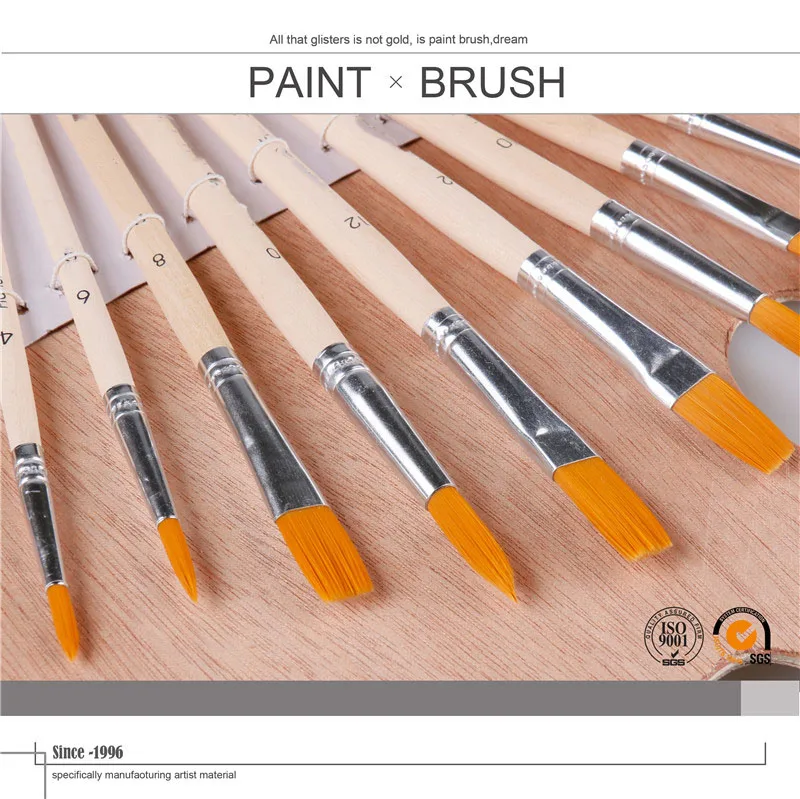 Hot Wholesale 12pcs Artist's Nylon Woolen Wooden Handle Painting Brush