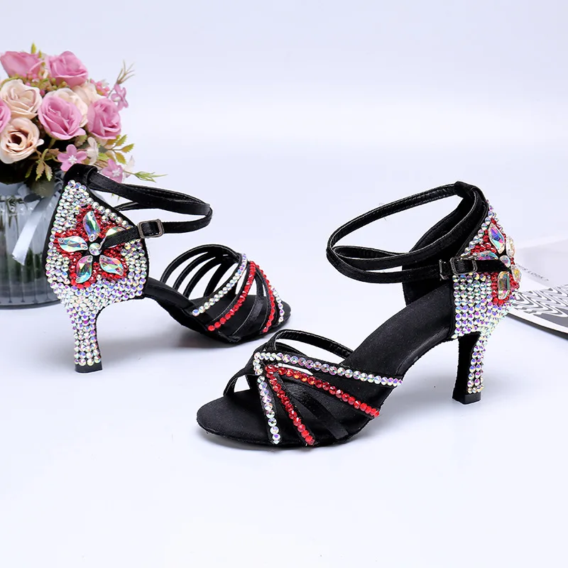 Satin Upper  Rhinestone Ppper Heel 7.5cm Ballroom Shoes Ladies Latin Dance Shoes 