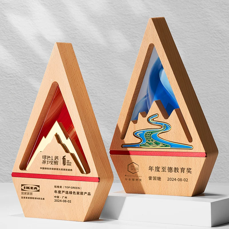 Custom Design Engraved Crystal Glass Wood Reward Trophies Plaques 3d Gold Logo Award Wooden Trophy factory