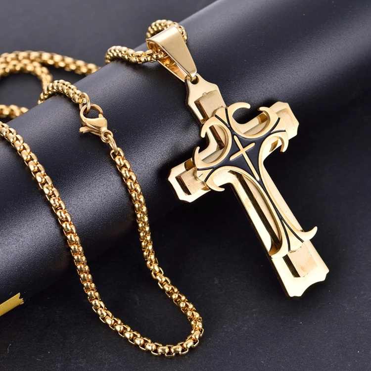 High Quality Mens Religion Stainless Steel Gold Cross Necklace Pendant ...
