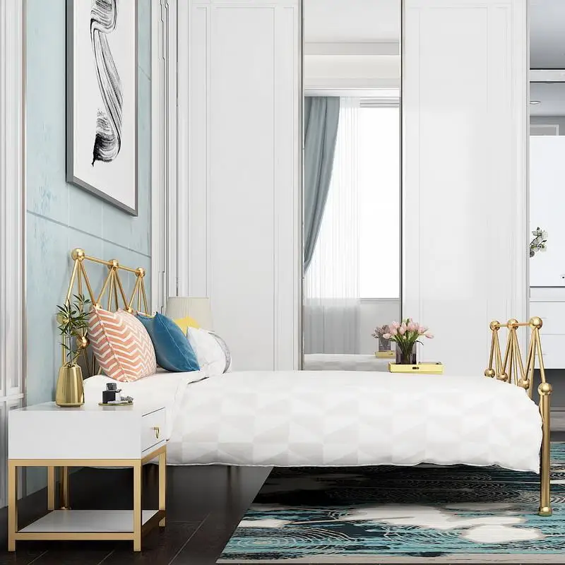 Modern bedroom furniture gold iron frame soft beds