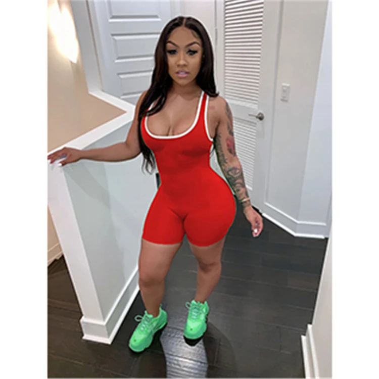 0060319 Fashionable New Design Solid Color Sportswear Skinny Short Romper Jogger Bodycon Summer Women One Piece Jumpsuit