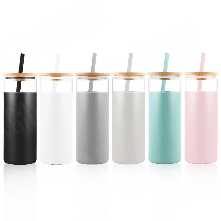 Drinking Glass Cups With With Bamboo Lids And Bamboo Straws,Glass