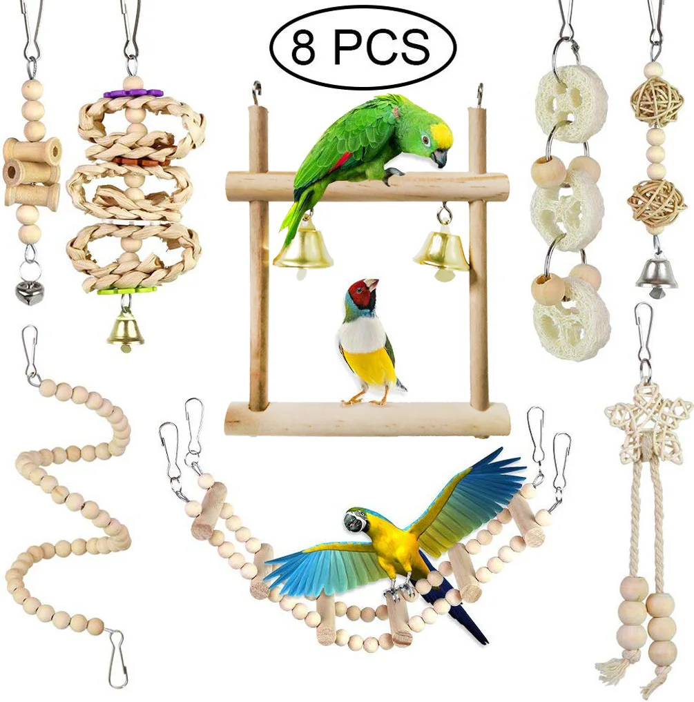 8 Packs Eco Friendly Natural Wooden Bird Parrot Swing Chewing And Tearing Toys