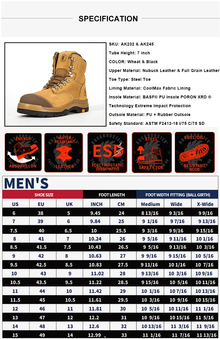Rockrooster Work Boots Men Boots Shoes Leather Working Boots Steel Toe ...