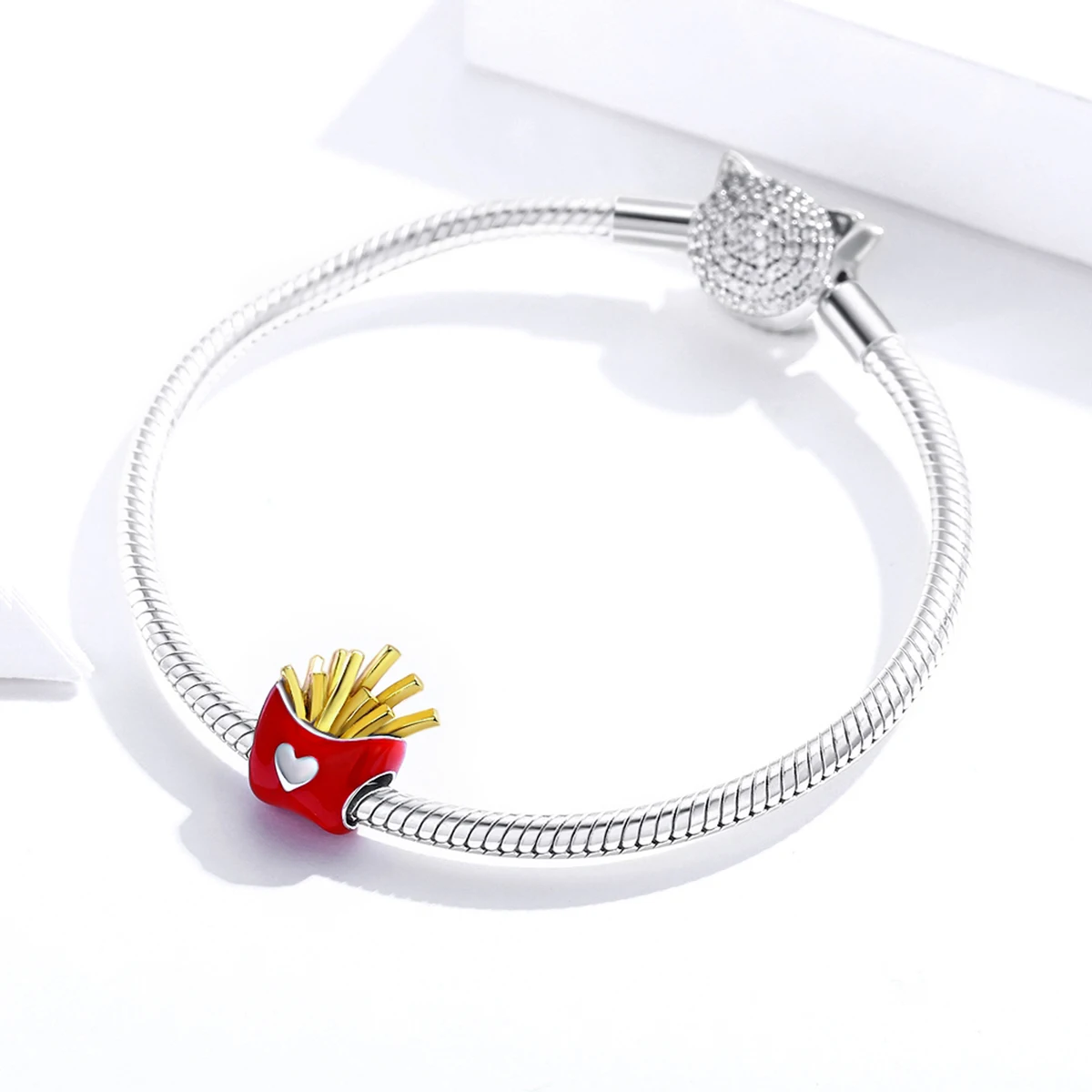 925 Sterling Silver Bead Red Enamel Fit Original Bracelet Necklace DIY Jewelry Accessories WOSTU Delicious Fries Charm