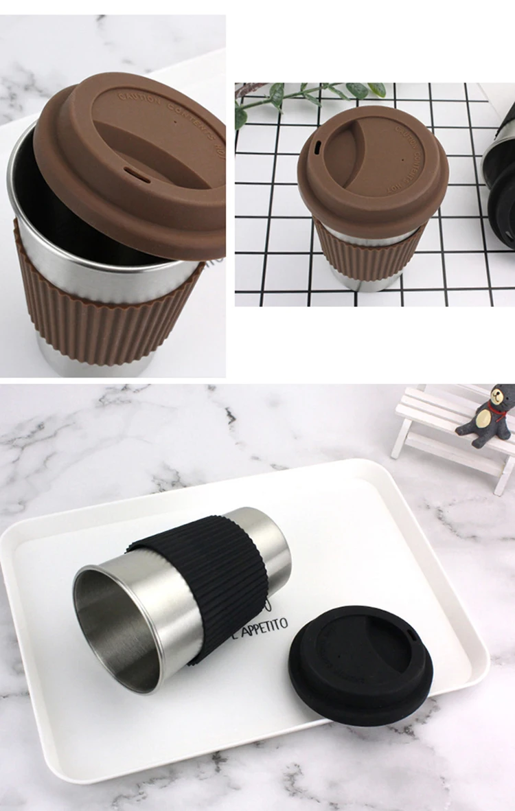 Stainless Steel Coffee Cups with Silicone Lids Non-slip Anti-scalding  Sleeves Case Drinking Tumblers Beer Water Tea Mugs 