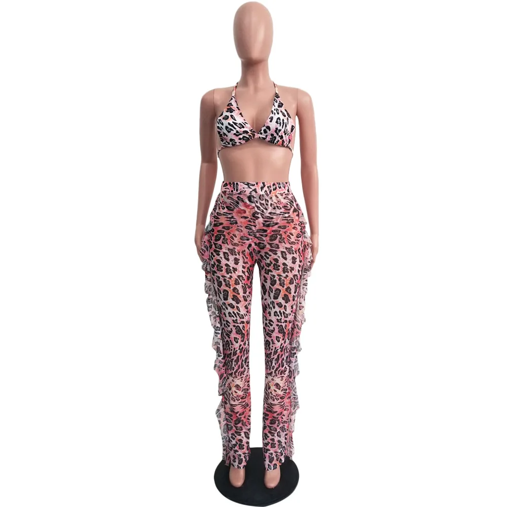 2019 Summer trap Tops trousers Two Piece Sets beach printed flower ruffles Wide leg pants beachwear Women Latest Style