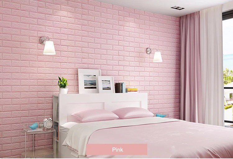 Pink 3d wall sticker soundproof 3d pe foam adhesive wallpaper for girls room decoration