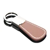 New Arrival Fashion Key Fob Zinc Alloy Silver Plated Round Metal Pull-tab Keyring White Stitching Brown Leather Keyholder