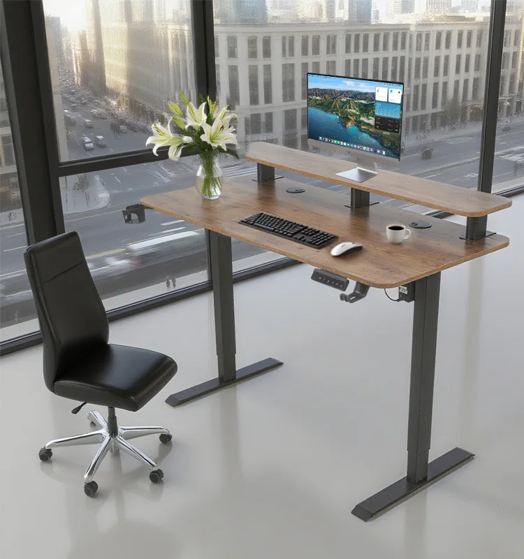 product modern double layer electric lift computer desk adjustable home office study  gaming workbench with iron metal panel wood style-8