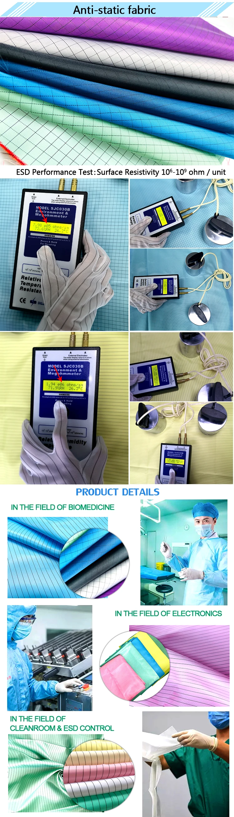 Polyester Dust Free Esd Suit Fabric For Cleanroom Workwear Industrial