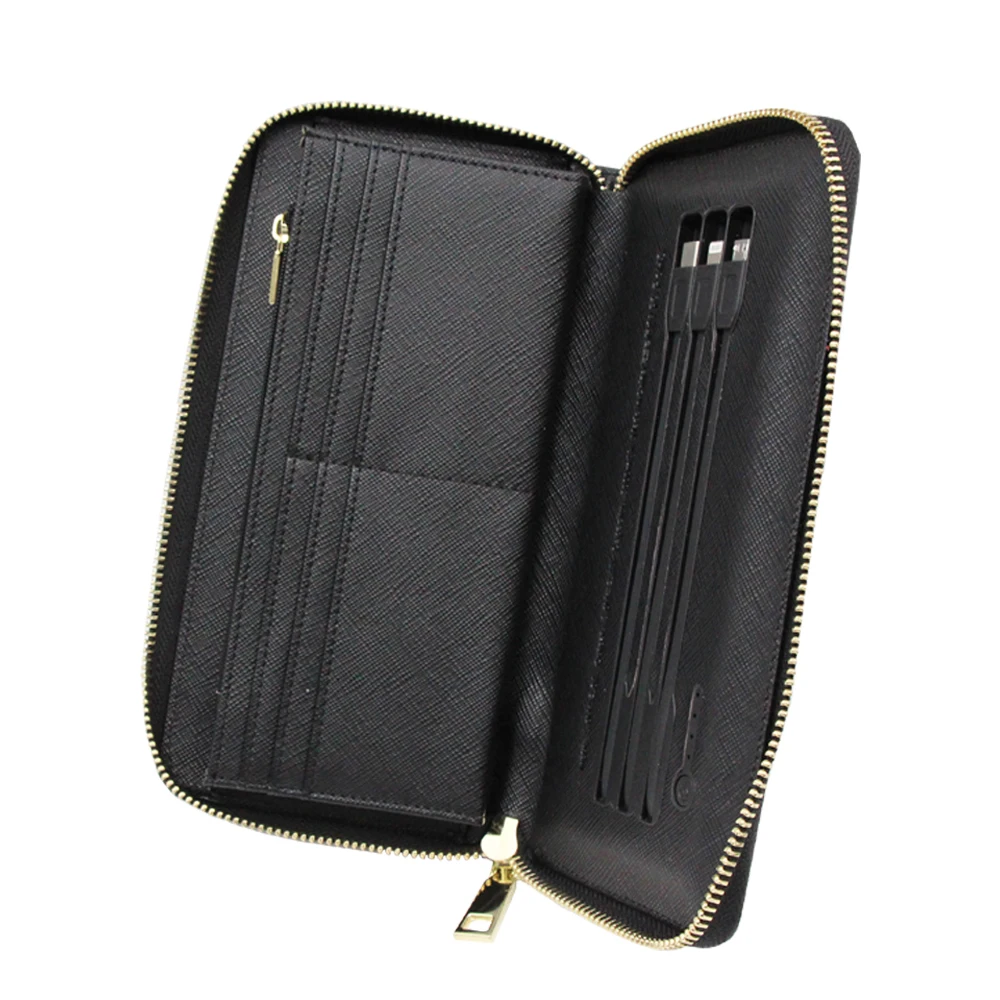 2021 Promotion Pu Leather Wallet Power Bank Zipper Black Wireless ...