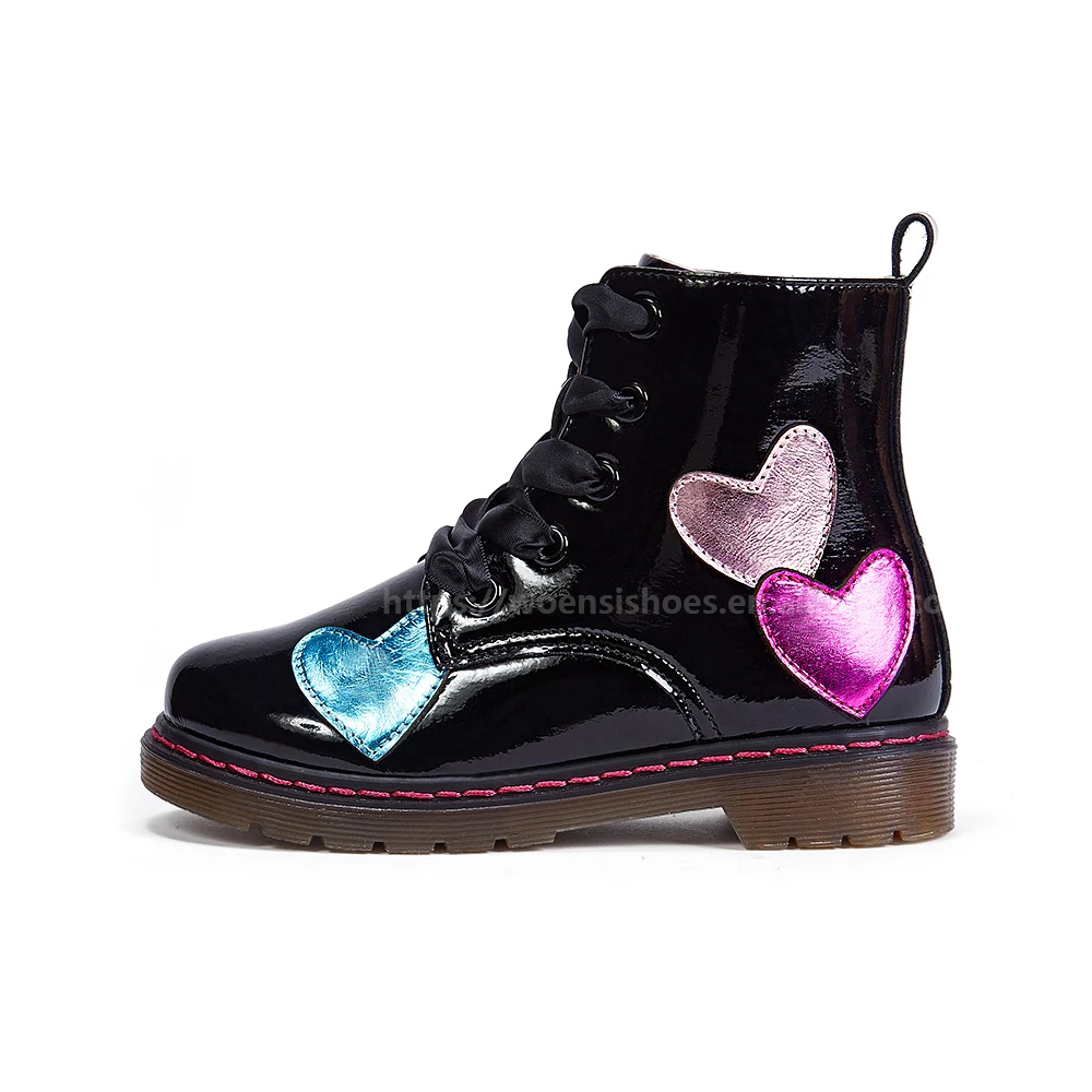 New fashion nice love heart customized quality durable girls black PU snow boots kids boots children