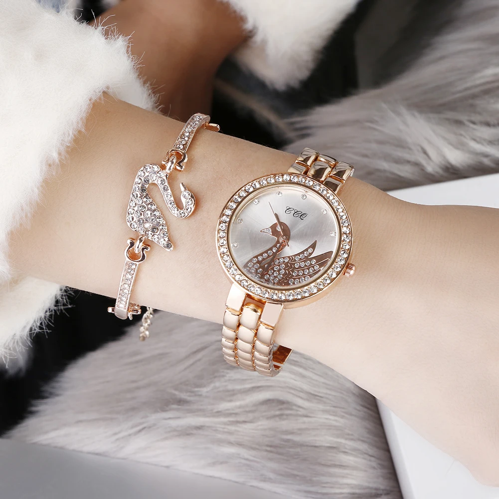 2 PCS Jewelry Set Steel Watch Ladies Quartz Crystal Dial Swan Watches Stylish TW468