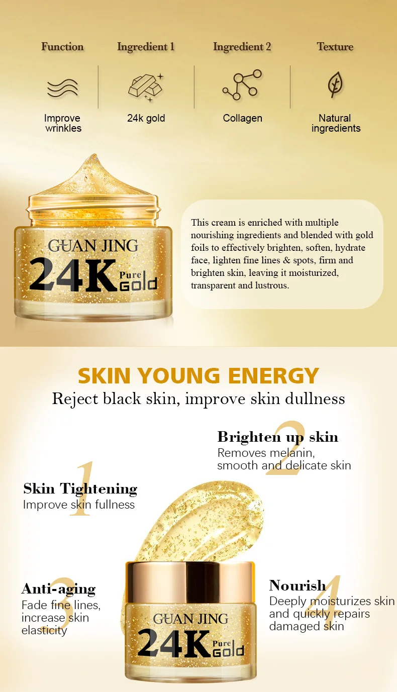 Wholesale Moisturizing Whitening Brightening 24K Gold Collagen Face Beauty Cream
