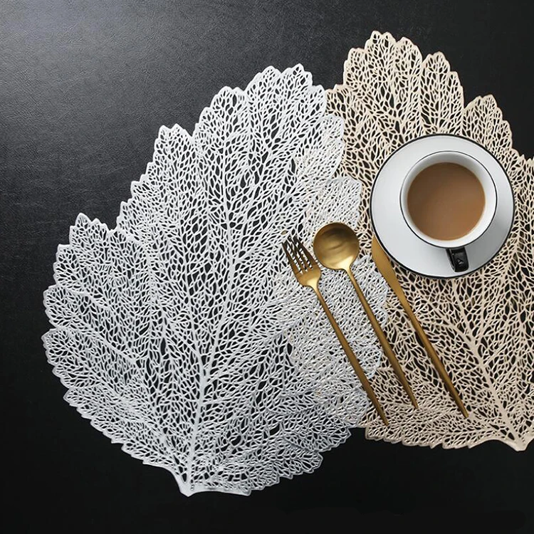 Home Decoration Plastic Metallic Gold Dinner Placemat In Leaf Design