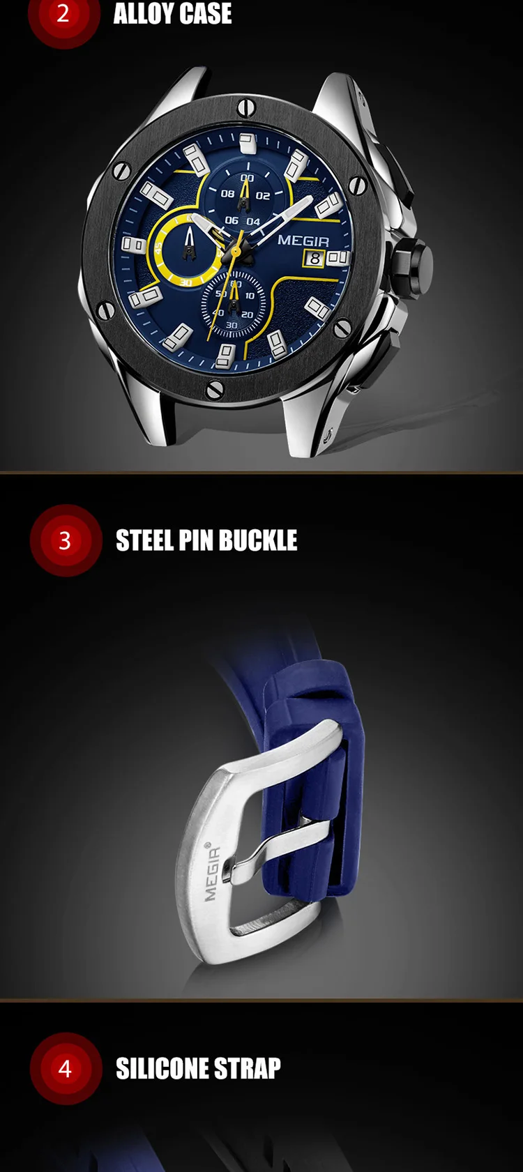 MEGIR 2053 super boy made in china watch buy Genuine Leather Strap personalized 3 dials chronometer diameter 45mm watch set