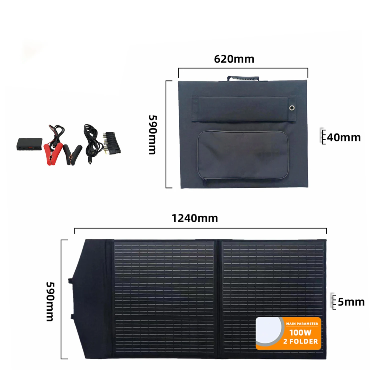 100W solar kit components: panel, MPPT controller, MC4 cables, and 12V battery connection