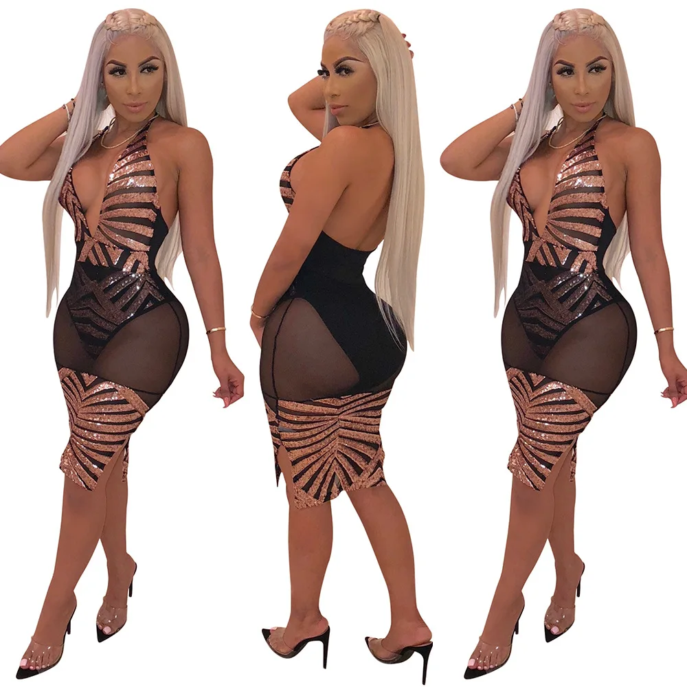 2019 deep V night party sexy women clothing bandage sleeveless mesh nightclub sequin dress