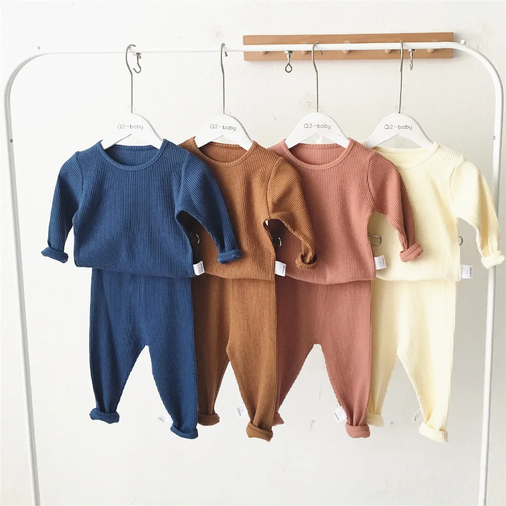 

Hot sale newborn baby clothes solid colour ribbed baby 2pcs pajamas Rib Cotton Clothing set, Customized