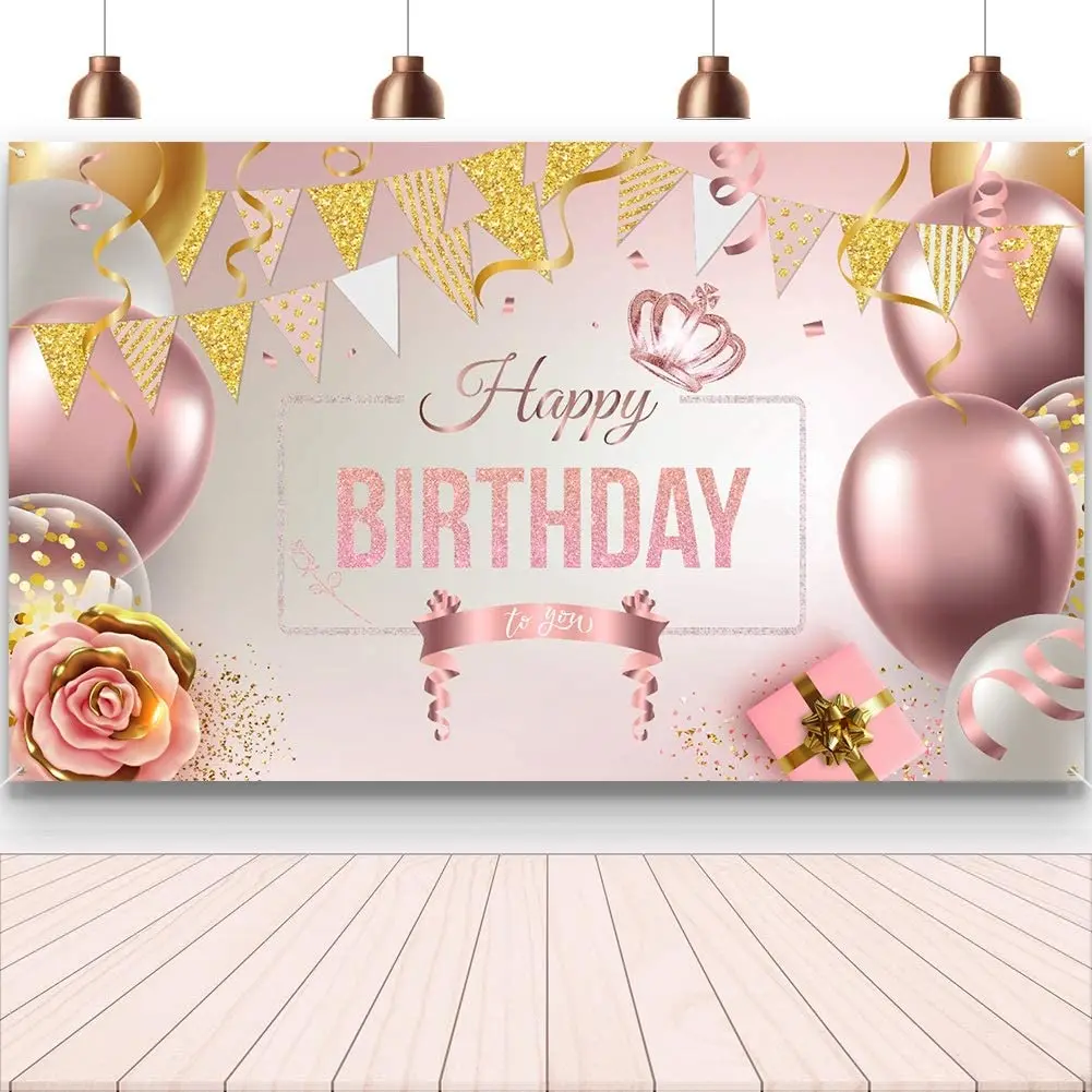 Happy Birthday Decorations Banner Large Rose Gold Balloons Backdrop Theme  Poster For Girl Women Birthday Banner - Buy Rose Gold Theme Backdrop,Celebration  Banner Party Supplies,Photography Background Product on 
