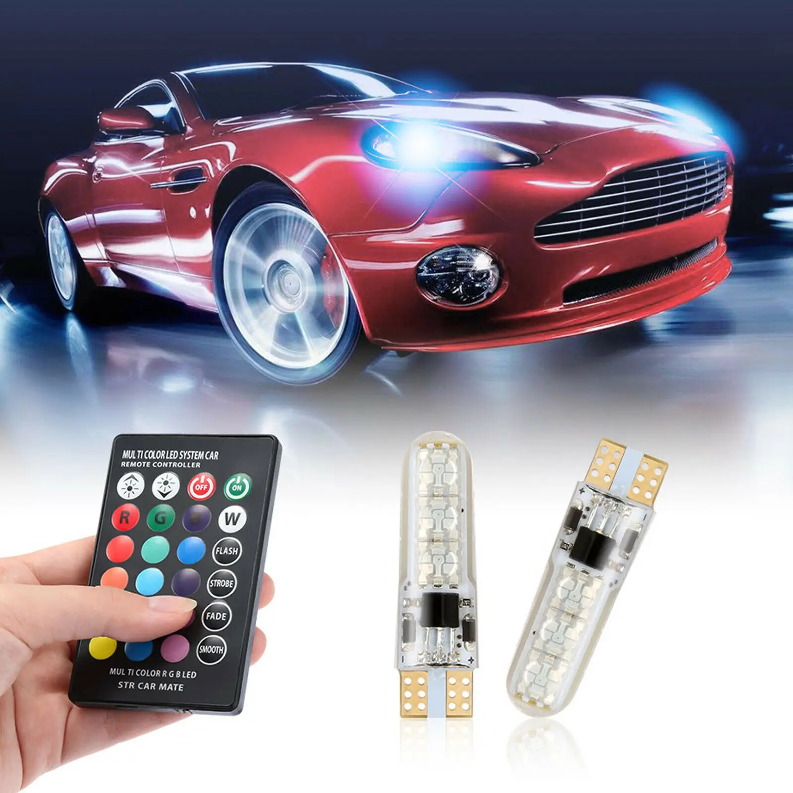 2X Wedge Light T10 W5W RGB LED Bulb DC12V 5050 6SMD Strobe Flash Car Interior Decorative Lights For Auto Remote Control Lighting