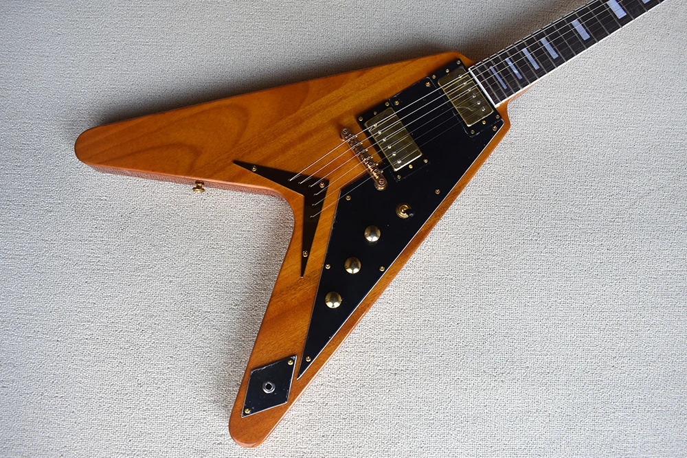 Natural Wood Color Mahogany Solid Body Flying V Shape Electric Guitar