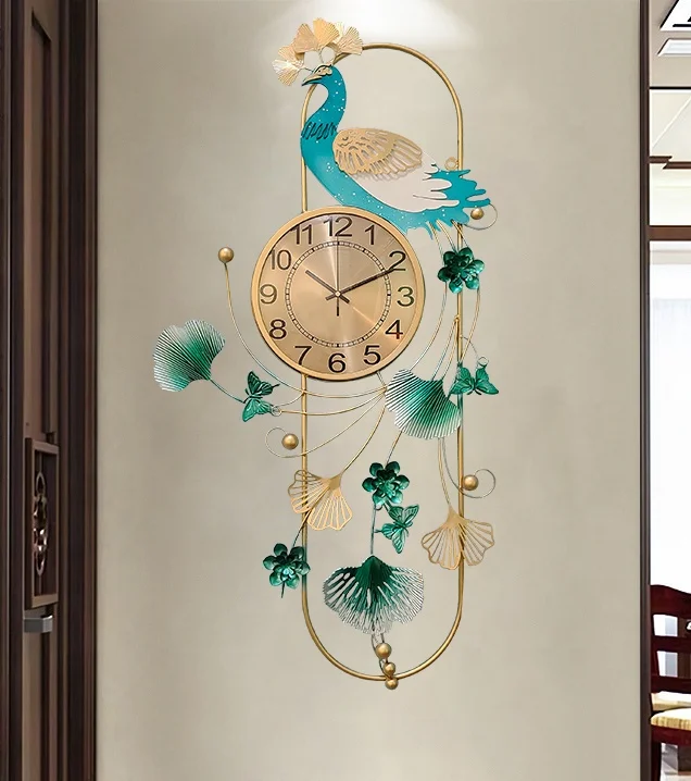 Light Luxury Creative Metal Peacock Design Wall Clock Home Decor For